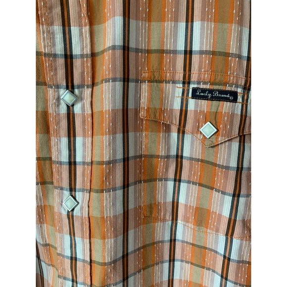 Lucky Brand Plaid Enamel Diamond Shaped Snap Up Shirt Orange Green Size XL TALL - Picture 2 of 10